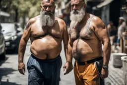 half figure shot photography of two turkish ugly dirty burly construction workers strong chubby wet sweat 51 years old shirtless, boxer, long beard, bulge, tattoo, manly chest , embaced on italian sidewalk, big legs, big shoulders, photorealistic, sunlight, summer, ambient occlusion, side view from the ground