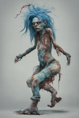 an ugly deformed abomination of an extremely anorexic fat girl with an amputated arm and an amputated leg and really funky blue hair, she looks like a zombified corpse