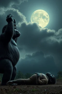 A gorilla standing with anger , looking up to the sky , raising both hands up like prayer. His son is laying dead on the ground, A cloudy stormy behind a dim lighting moon ,4k, dramatic scene,