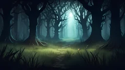 Creepy Dark mystical wide grassy clearing in enchanted forest, HD videogame character with dynamic lighting
