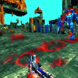 Hexen, unreal tournament, first person shooter, video game sceenshots, doom 2, duke nukem, daggerfall, 90’s, scifi, colorful, 90’s 3d, 90’s mall inside, cute, gundam models, Happy, video game 3d, vaporwave