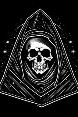 retro cartoon skeleton in a black hooded cloak drawn in a retro mascot style, inside a light diamond shape on a black background, monochromatic