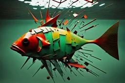 fishy structural glitch, arafed zero-composition, impossible intersection of exploding rusty scrap metal and glass fragments. Arafed tectonic fish geometry with uncanny negative space, Fish storm vibe. Ultrafade random bleak colors: watery pale light green, black, yellow, red. perspective broken, photographic texture but zero logical form. Fragmented, unnerving, anti-symmetry