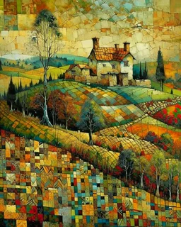 the house on the hill, patchwork art by Jamie Heiden, Peter Doig, Renoir, Pol Ledent, Endre Penovac