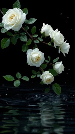 The image is a digital artwork that depicts a branch of tree of white roses and leaves tangling in to a water in the river with aThe rose floats on the surface of the water, creating a wave-like effect. The background is black, which makes a branch of a tree of white roses stand out even more. Water droplets are scattered adding to the dreamy, ethereal quality of the image. The a