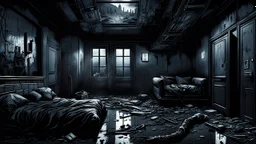 Hogyan is érthetné a második emeleti lakó a földszinten élő nyomorúságát? high contrast, detailed, thriller, deep dark colors, gloomy, cinematic