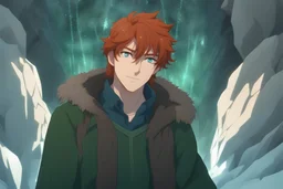 anime man with really long dark ginger red hair and blue eyes and forest green sweater standing in a cave with glowing crystals surrounding him and ice crystals hanging from the roof of the cave the cave is narrow and deep