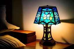 bioluminescent stained glass tyffany lamp on a wooden nightstand