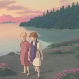 Summer near a lake , mountain in background pink sundown, there is a boy and girl seting together near the lake , sun shine in sky , birds flying around