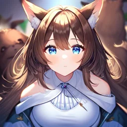 Clear focus, High resolution, Long fluffy brown hair, blue eyes, wearing a white skirt, detailed outfit, wearing a jacket oversized off shoulder, rough line, hair above ears, dog ears, off shoulder white shirt