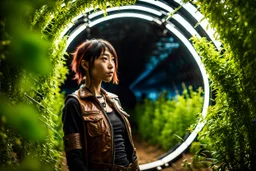 Unground solar punk tunnels, cinematic, extreme anamorphic dof, dystopian, sci-fi, award-winning, Yui working hard in a garden, National Geographic, breath taking, oxygen farm but outside is a desert, fantasy, magical