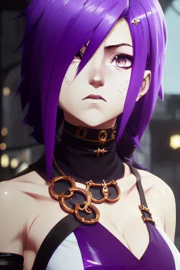 Detailed cute anime Kunoichi girl, purple hair buns, purple bangs, black latex bodysuit, intricate details, full body portrait, keep head in frame, slight smile, black Japanese motif, concept art, highly detailed, digital painting, concept art, sharp focus, illustration, art by Yoji Shinkawa, WLOP and greg rutkowski and alphonse mucha and artgerm and yanjun Chen and Junji ito and Makoto Shinkai, HDR, octane render