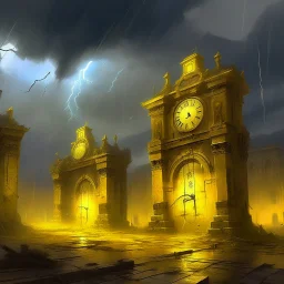 A yellow glowing ruins with clocks in a thunderstorm painted by Cai Jia