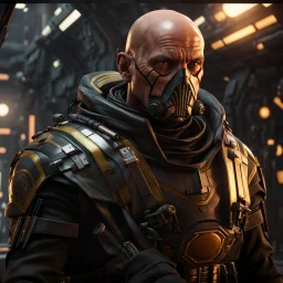 star wars bald male corellian pilot wearing pearlescent black and gunmetal grey First Order special forces heavy assault stealth commando armor and helmet with gold trim inside the jedi temple, hyperdetailed, dynamic lighting, hyperdetailed background, 8k resolution, volumetric lighting, light skin, fully symmetric details