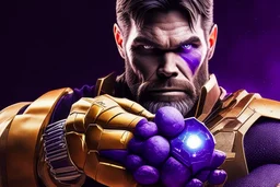 A sporty looking man with With a serious his face while holding Thanos' gantlet K's infinity gauntlet has six infinity stones