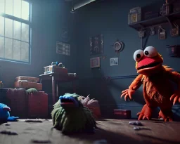 room scene with a big muppet monster, realistic photo, with toys, concept art, minimal style, smooth, unreal engine 5, god lights, ray tracing, RTX, lumen lighting, ultra detail, volumetric lighting, 3d.