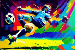 Oil painting, football match, the striker is kicking a goal, the ball is flying, bright but not neon colours, dynamic lines, dynamic blobs, spots, lines in the background of the character, like a colour explosion, A visually striking piece filled with dynamic brushstrokes, reminiscent of the impasto technique used in Vincent Van Gogh's Post-Impressionist paintings. The composition features bold colors and unblended strokes, creating a sense of depth and movement that defies traditional art style