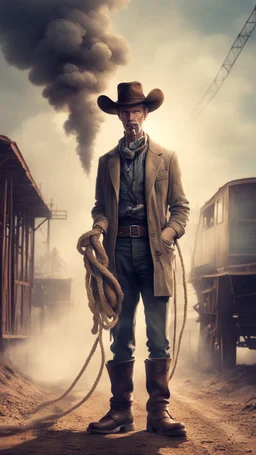 postcard portrait of towering man with long torn duster and double size head, smoking pipe sexy cowboy robot with rope lasso and old boots by rail road with pick up ,hands in pockets, in dust cloud spotlight, magazine cover illustration with spray paint, signed, bokeh like, down-light, unreal engine, prize winning