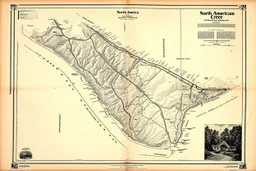 a scan of an ancient North American Cree printed road map of a fictional place that was black and white but has since been stained and weathered