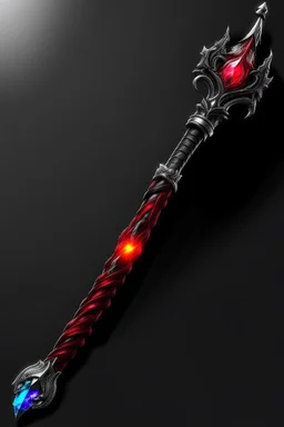 A sorceress evil staff that is a mix colors of red and black crystals and sharp