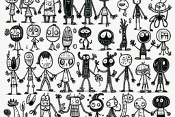 make a bunch of simple hand-drawn spooky and cute cartoon characters with bodies arms, and legs I could draw and make them all different