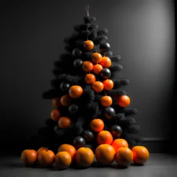 orange Christmas tree on a gray background with BLACK Christmas toys