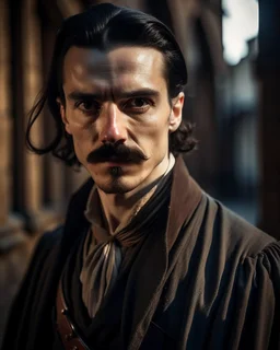 Shrewd businessman with slicked-back dark hair and thin mustache. Cold brown eyes. Well-made but modest medieval clothing. Hidden dagger. Calculating expression. Medieval fantasy urban setting, dramatic shadows.