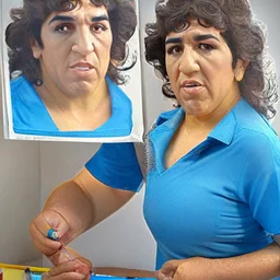 Create a highly realistic 3D scene. An detailed Realistic of Play Football Diego Maradona transforming her into a woman with the same specifications as the attached image. The method of transforming the painting in full detail. A comedic and funny touch. Ultra wide angle. Extremely realistic fine details. Highly realistic detailed display. Great full presentation and amazing drawing style. Transfer the full detailed drawing of the image at a wide and precise angle. Inspiri