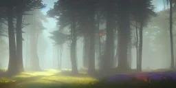 Deep forest with tall trees, misty, light rays, day time, flowers