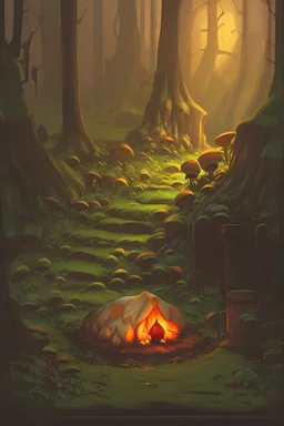 A gnome sleeping next to a campfire in the middle of the haunted death cult horror forest. art nouveau. hundreds of mushrooms everywhere