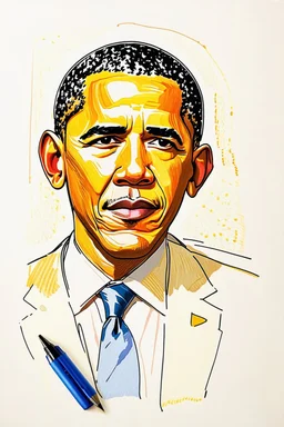 o schita grafica in penita cu tus color , cu linii si hasuri foarte subtiri cu variatii impresioniste cu o culoare tare ,un instantaneu expresiv al schitelorr lui Obama , in stil van gogh si jean Cocteau