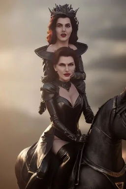 busty evil queen in leather gown, riding a horse, cleavage, angry, stern look, unreal 5, octane render,cinema4d, dynamic lighting, dramatic lighting, 4k, redshift render, highly detailed, hyper realistic