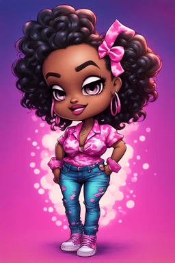 vibrant psychedelic comic book image, airbrush, 48k, cartoon art of a chibi curvy black female wearing torn jeans pants and a pink tie dye off the shoulder blouse. Prominent make up with lush lashes. Highly detailed sleek wavy ponytail