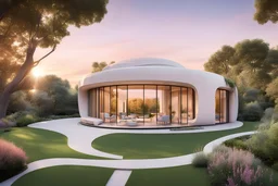 An organic Square or round-shaped house seamlessly integrated into a Garden filled with pastel hues during sunset, modernist architecture with large curved windows, casting warm sunlight on the structure, emphasizing its sleek design and blending with the natural surroundings Architectural photography, style of architecture, modernist architecture, warm sunlight, photo real, real photography