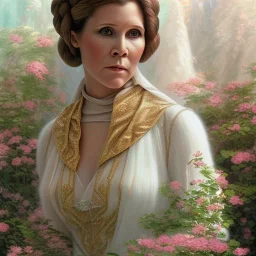 hyperspace background, complete and photo realistic detailed head to waist stunning photo realistic portrait of carrie fisher as Princess Leia in star wars with photo realistic updo hair by Mandy Jurgens and mucha and Richard Schmid and chuck close and chie yoshii, extraordinary and detailed ceremony dress of star wars,brown eyes