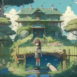 A studio ghibli modern big house with garden, fence, water well, snake, girl wearing uniform, bear, landscape