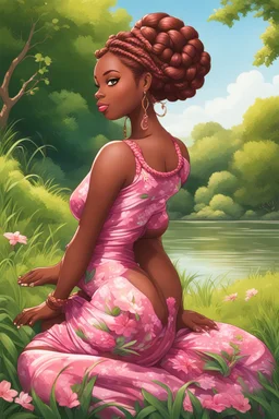 An airbrushed illustration of a curvy black cartoon woman sitting relaxed on a sunny riverbank, lush green grass surrounding her. Facing left in profile, she has flowing chestnut hair styled in an elaborate braided twist. complementing the pink floral maxi dress wrapped snugly around her exaggerated curves. One hand touches her cheek lightly as she looks to the distance, brown eyes enhanced by long lashes and purple eyeshadow. Bold brown lips match the brown flowers on her dress