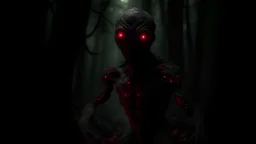 In a terrifying forest. A terrifying figure with red eyes and scaly skin. At night