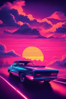 Retro wave, synth wave, with neon light, sunset, clouds, nostalgia, oldtimer car