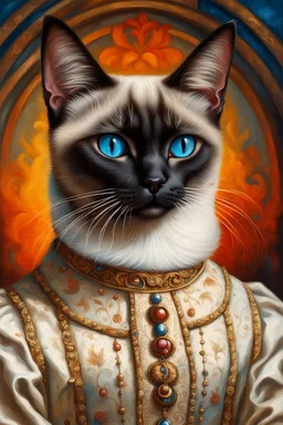 Portrait Renaissance Portrait of a female Siamese cat wearing classic mediveal gown and veil outfit, oil painting texture, piercing blue eyes, texture background