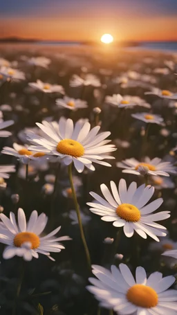 serene daisies in the wind petals gently flying and beautiful sunset, digital painting, beautiful, high quality