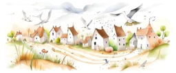 A white village with windmills and birds painted by Zosan