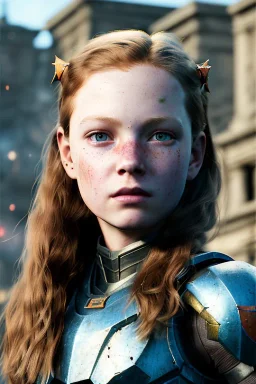 ultrarealistic, concept art,ruined city,__intricate fantasy armor__, no star, __angles__, 10 year old girl, strikingly beautiful,ginger hair, _colour_, (pale __skincolor__ skin:1.2), __camera__, long hair, detailed face and eyes, medium breasts, sci-fi theme, freckles, dynamic pose, resolved expression, __accessory__, strappy outfit, (straps:1.1), sword in scabbard on left hip, (buckles, buttons, snaps, rings:1.0), haltertop style breastplate, detailed eyes, plump lips