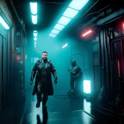 Actor, tom hardy, blade runner style, rain, fog, neon ambient, gradient color, clean skin, circuits, latex coat, cyber punk, neon, tubes, portrait, studio photo, unreal engine 5, smooth color, 16 bit, god lights, ray tracing, RTX, lumen lighting, ultra deatail, volumetric lighting, 3d, finely drawn, hd.