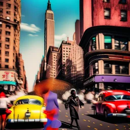 Picture 1950's street life, people, New York, blurry, abstractism, colours, strong texture, 3d, chaotic