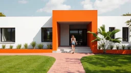 The primary object is a contemporary house featuring a striking design with stark white and vibrant orange walls. The structure has large windows and a unique overhang that creates a shaded area at the entrance. The pathway leading to the house is paved with bricks, contrasting nicely with the green grass surrounding the property. A woman is seen walking towards the entrance of the house. She appears to be enjoying the space and is dressed casually, which complements the relaxed, modern aestheti