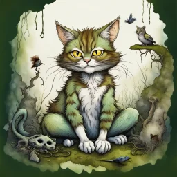 caricature, alcohol ink graphic from an european wild cat sitting in moss, between tendrils and a dead little bird lies between his paws, looks casually and devilishly at the camera, caricature style, detailed, kind, humorous, sharp lines, comic, digital art , blur background