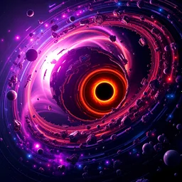 A solar system tightly orbiting a black hole, destruction, terror, ripping apart, colorful, dark, ominous, beautiful abyss, vivid, 8k 3d, vray, highly detailed matte painting, action, concept art, phoptorealistic, dozens of brightly lit rings of destroyed orbiting bodies, perfect circles purples, reds, black, yellow and orange, brilliant, vivid,