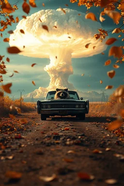 foreground with many falling leaves, behind is a nuclear explosion's mushroom cloud that looks more like a tree in fall, with explosion radiating outward, many leaves falling in foreground, ground is dirt and scorched with a road coming down the middle towards viewer, on the road facing towards below the viewer is a black 1962 Lincoln Continental with the roof down and a driving is a giant racoon, higher perspective, angelic fantastic lighting