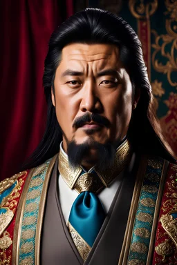 Hyperrealistic photography of Genghis Khan today, dressed in an elegant suit and ultra warm tie, incredible work of art